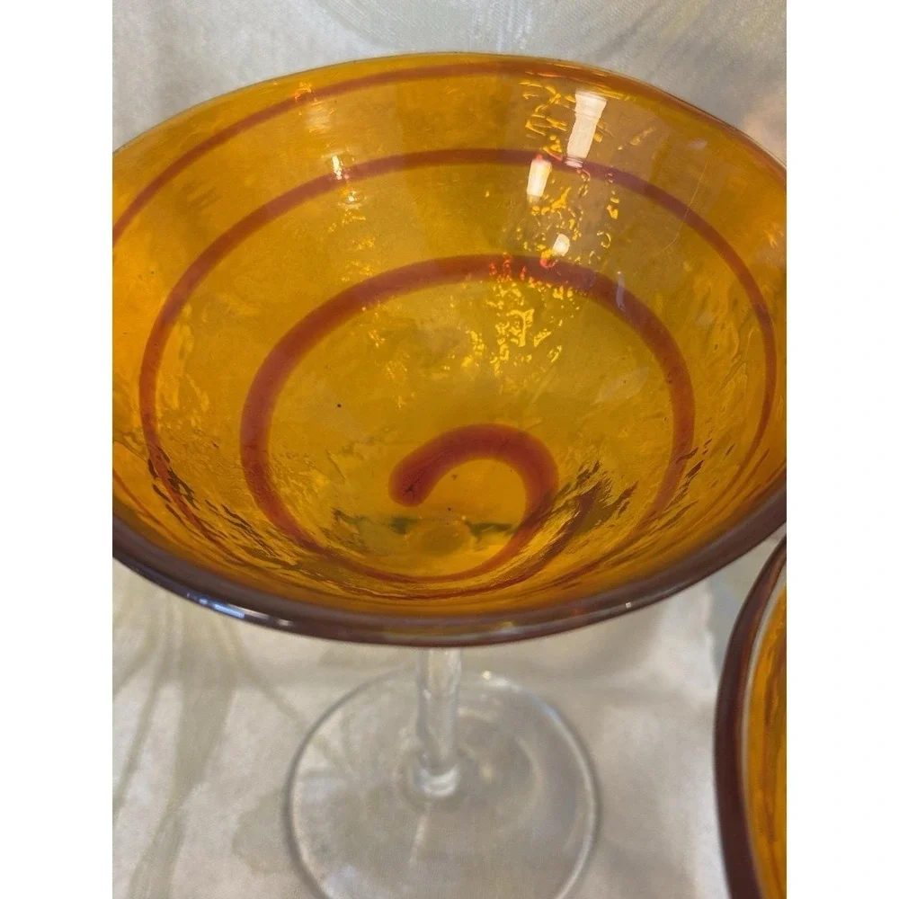 Pier 1 Hand Blown Glasses Set of 2 Orange Red Swirl Margarita Martini Barware